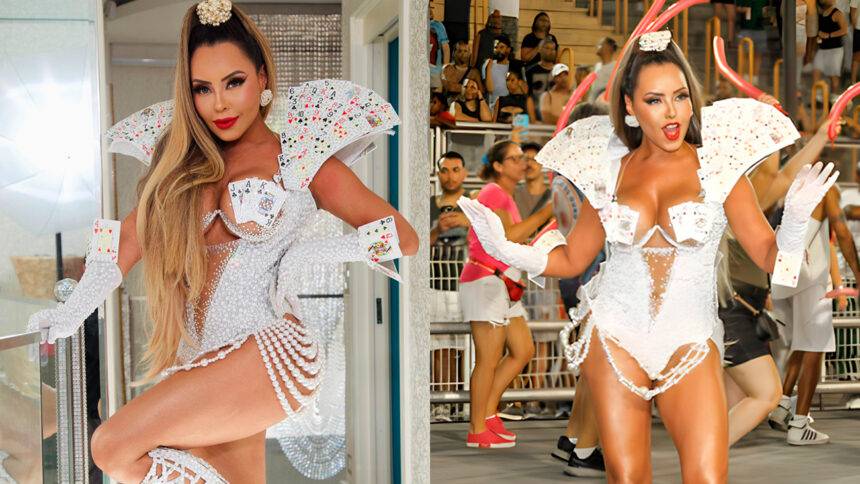 Rainha da Rosas de Ouro, Ana Beatriz Godoi usa look de 4 mil cristais inspirado em ‘cassino’ para ensaio pré-Carnaval