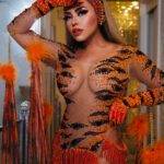 Rainha da Rosas de Ouro, Ana Beatriz Godoi vira ‘tigresa’ em ensaio com direito a faisões, 8 mil cristais e aplique de cabelo 