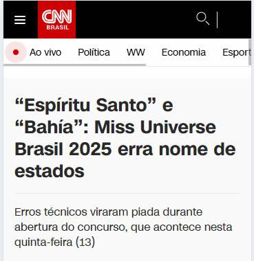 É falso que Miss Universe Brasil 2025 errou nomes de estados, como afirmou a CNN