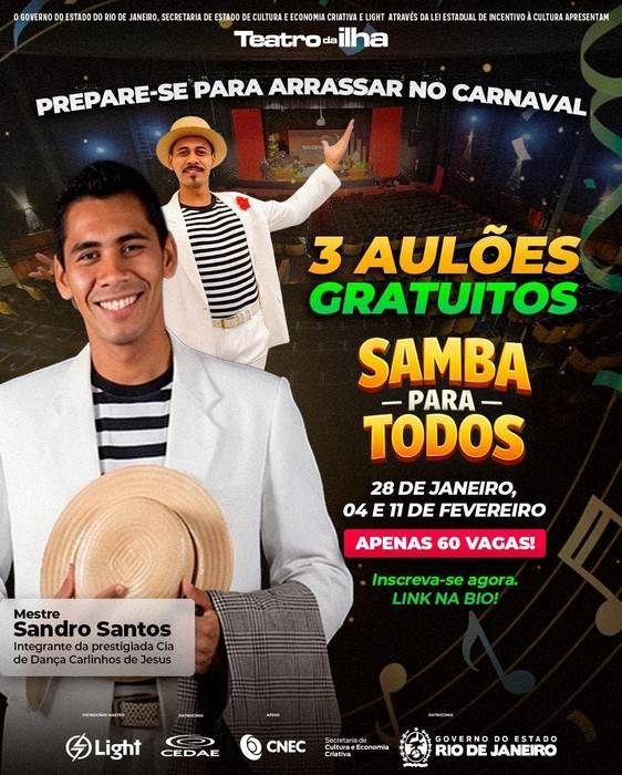 Teatro da ilha oferece aulões gratuitos de samba com mestre Sandro Santos